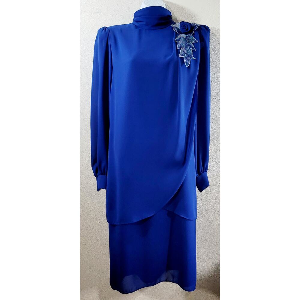 VTG After Dark Blue Pleated Cross Over Ruffle Midi Dress Large Lightweight Soft
